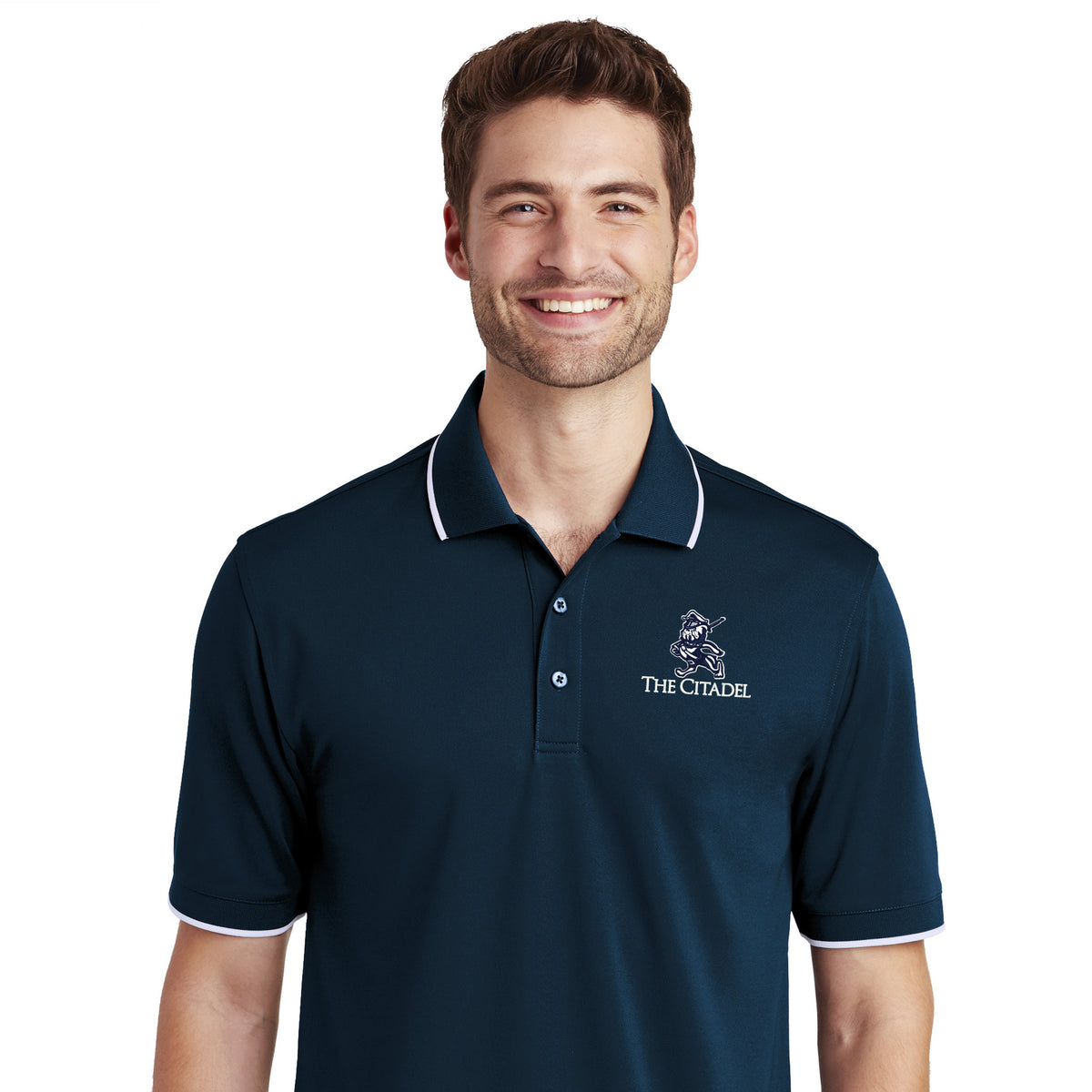 The Citadel, Marching bulldog logo, UV Micro-Mesh Tipped Polo- Navy