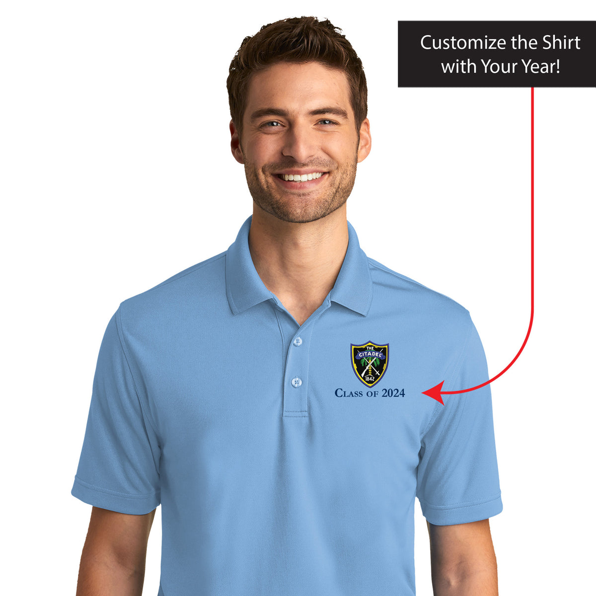 The Citadel, Shield, Customizable (Your Year), UV Micro-Mesh Polo Shirt - Carolina Blue