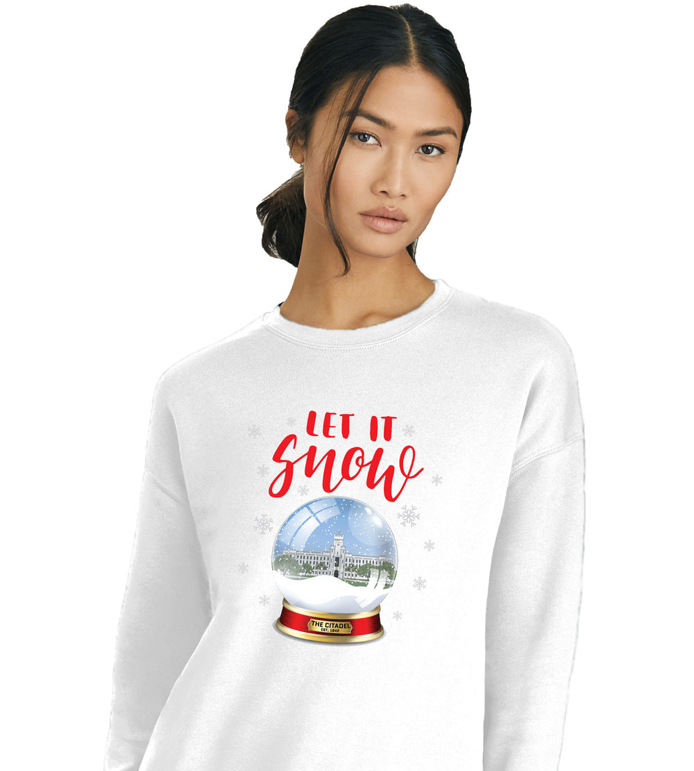 Padgett Thomas Barracks Snow Globe Unisex Drop Shoulder Sweatshirt-WhiteThe Citadel, Padgett Thomas Barracks Snow Globe Design, Unisex Drop Shoulder Sweatshirt-White