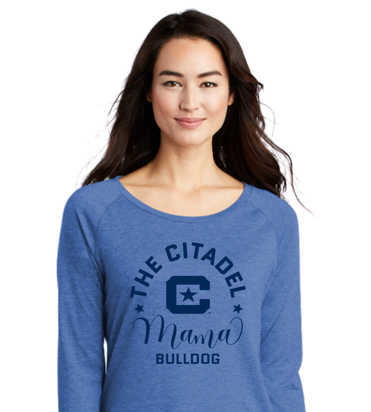 Mama Bulldog C Ladies Long Sleeve Tri-Blend Wicking Scoop Neck Raglan Tee-True Royal Heather